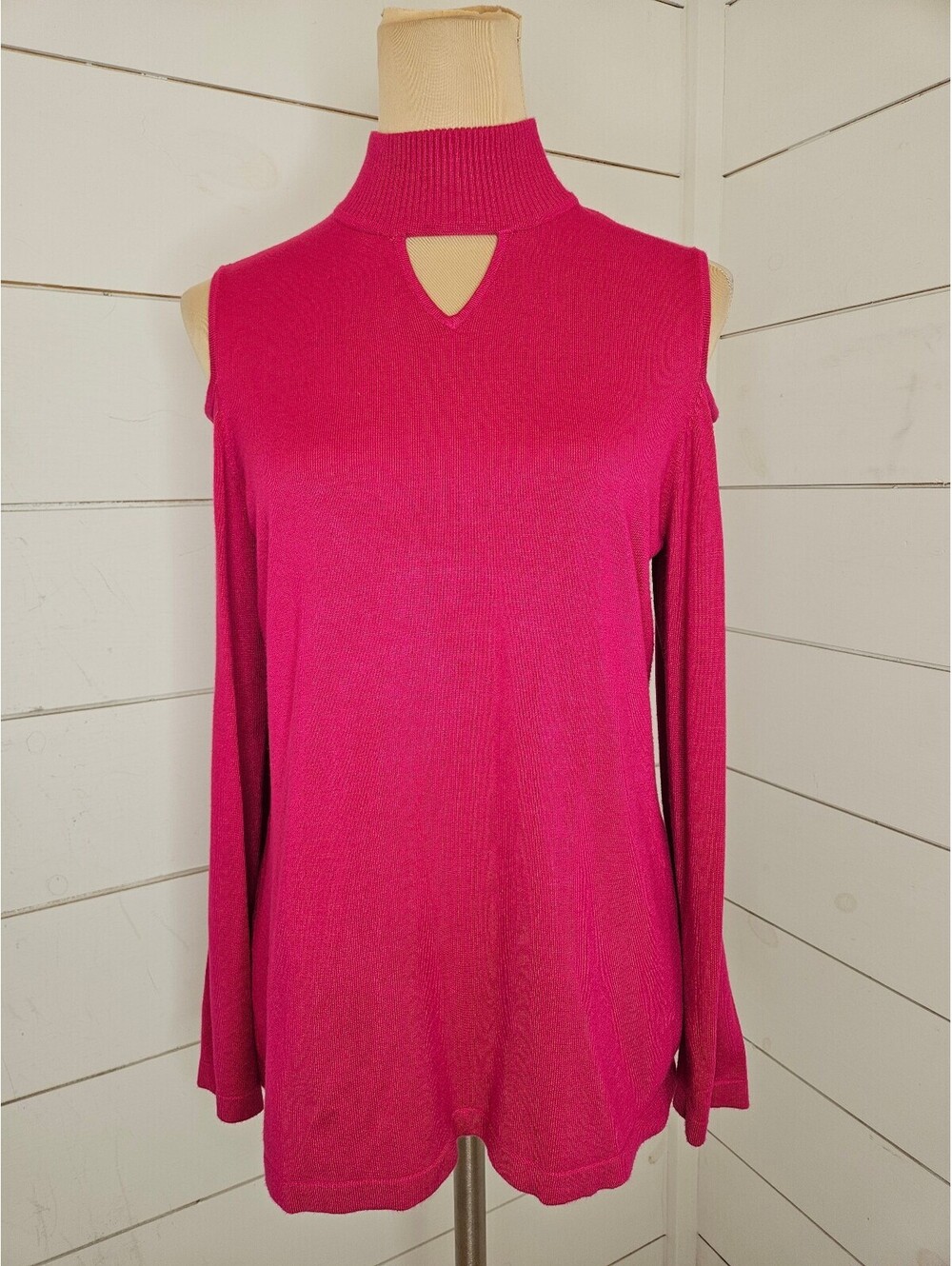 Susan Graver small pink mock neck cold shoulder sweater